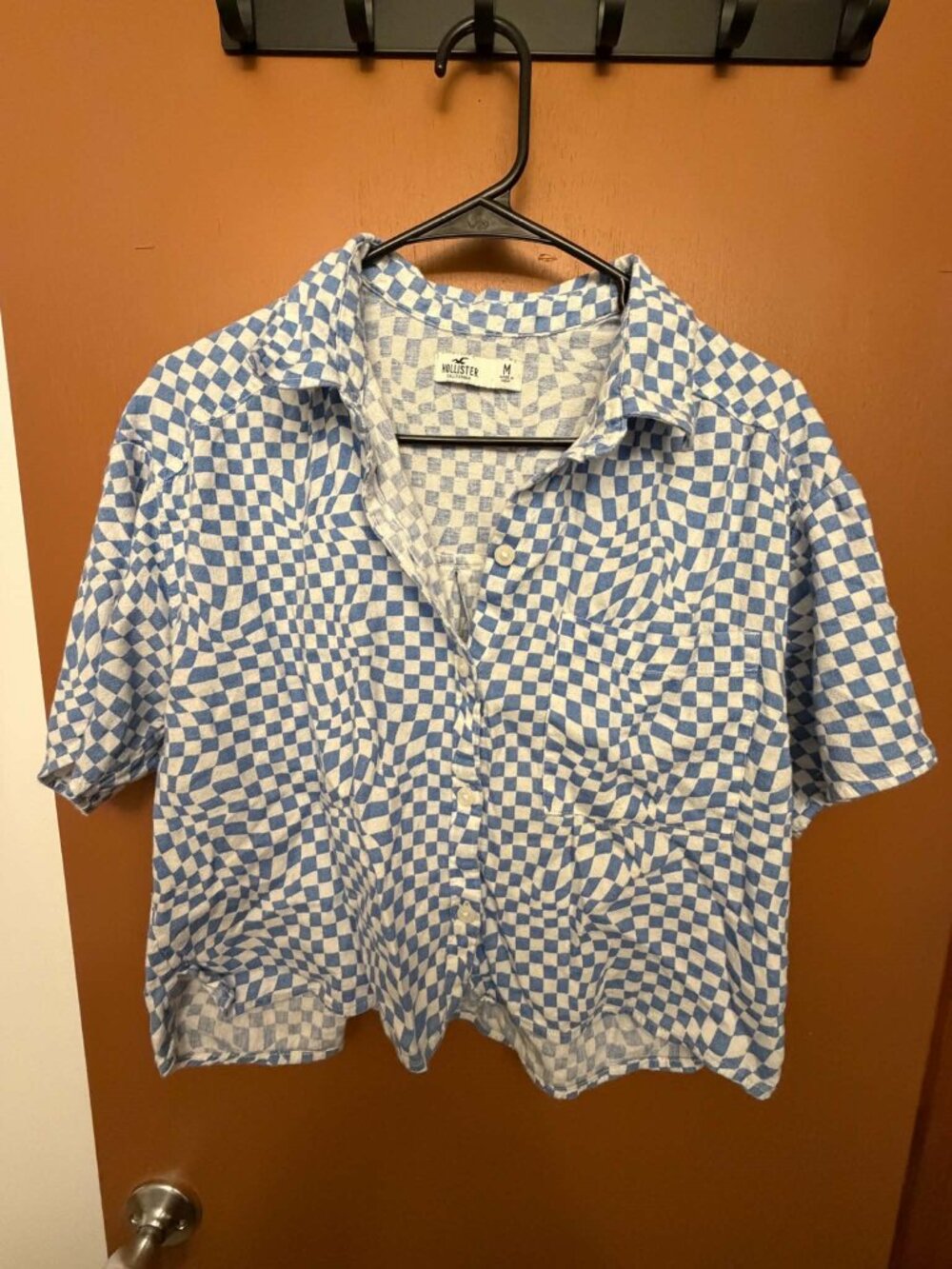 Hollister Blue and White Crop Button Down Size Medium